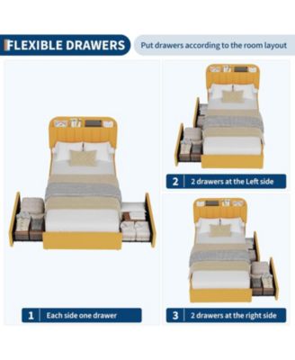 Full Size Boucle Upholstered Platform Bed Frame with Bookcase Headboard 2 Drawers for Boys Yellow No Box Spring