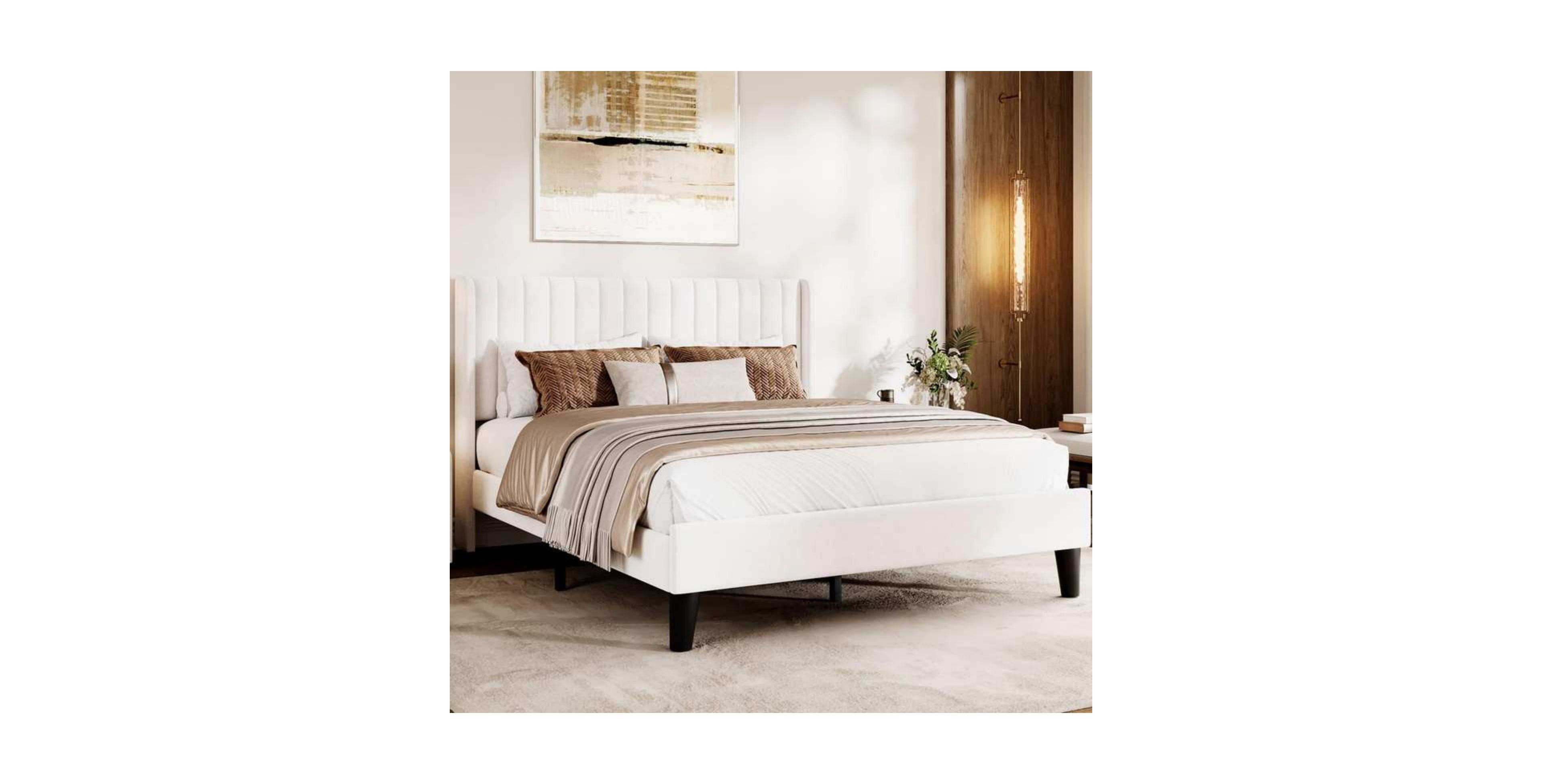 gaomon Queen Size White Velvet Platform Bed Frame Channel Tufted Wingback Headboard Upholstered Wood Slats No Box Spring