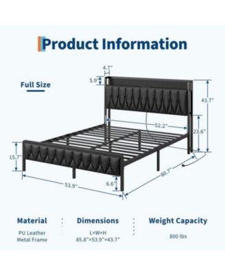 Full Size Black Faux Leather Upholstered Platform Bed Frame with Storage Headboard Charging Station USB Ports Outlets