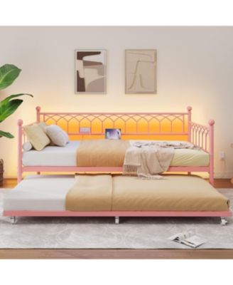 Twin Size Metal Daybed with Trundle Charging Station LED Lights Sofa Bed for Living Room Guest Room Apartment