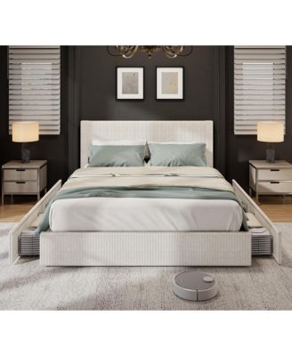 Queen Upholstered Platform Bed Frame with 4 Storage Drawers and Channel Tufted Wingback Headboard