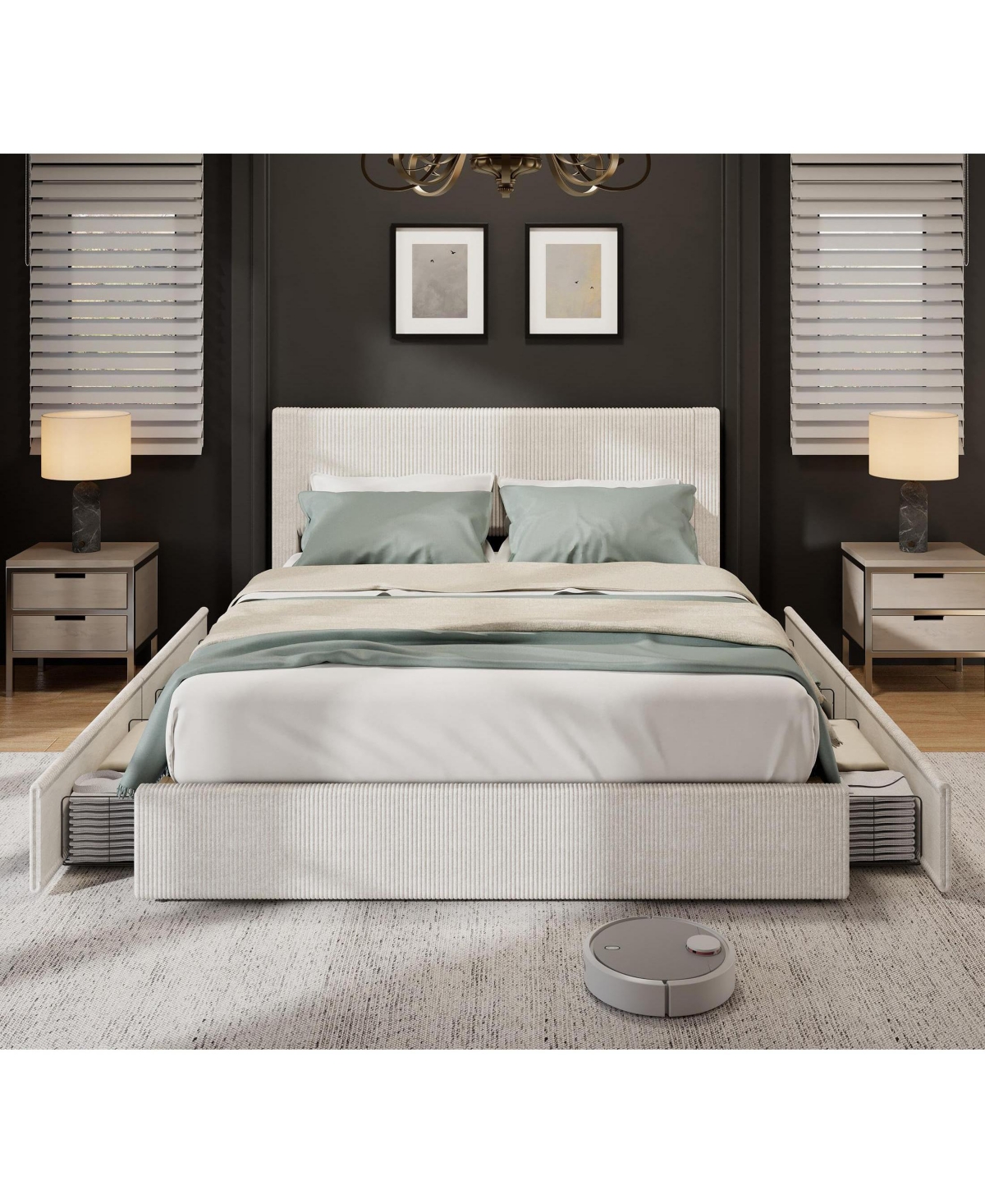 Gaomon Queen Upholstered Platform Bed Frame with 4 Storage Drawers and Channel Tufted Wingback Headboard