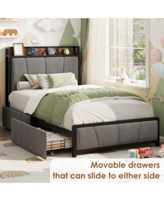 Twin XL Size Metal Storage Headboard, 2 Drawers & Charging Station Bed Frame