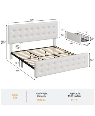 King Bed Frame with Headboard and 4 Storage Drawers, Platform Bed Frame Square Stitched Button Tufted