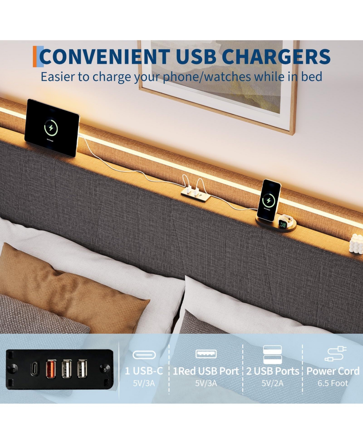 gaomon Queen Size Bed Frame with Charging Station and Led Lights, Modern Platform Bed with Slats