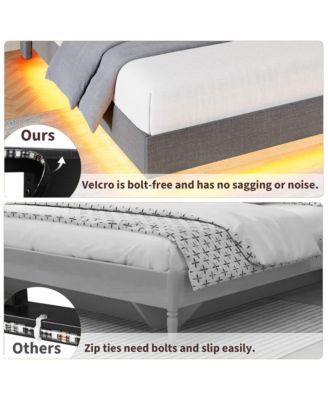 Queen Size Floating Upholstered Platform Bed Frame with RGB LED Lights and Built-In Charging Station