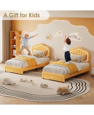 Twin Size Upholstered Platform Bed Frame with Storage Drawer & Smart LED Headboard for Kids