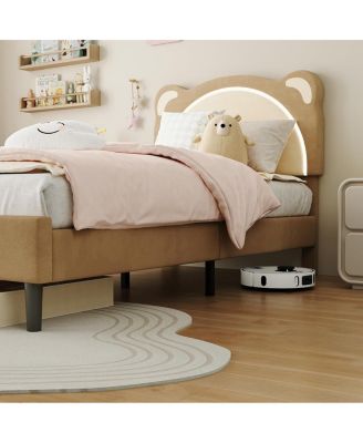 Twin Upholstered Bed for Kids – Adjustable Headboard with LED Light, Wooden Slats, No Box Spring, Coffee