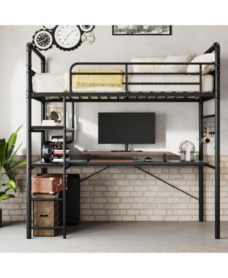 Twin Loft Bed with L-Shaped Desk & Storage Shelf, Heavy Duty Metal Frame for Adults, Space Saving Design, Black Finish