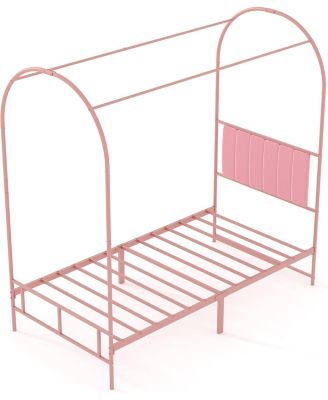 Twin Canopy Bed Frame, Metal Kids Platform with Upholstered Headboard, Strong Slats, Noise Free, Easy Assembly