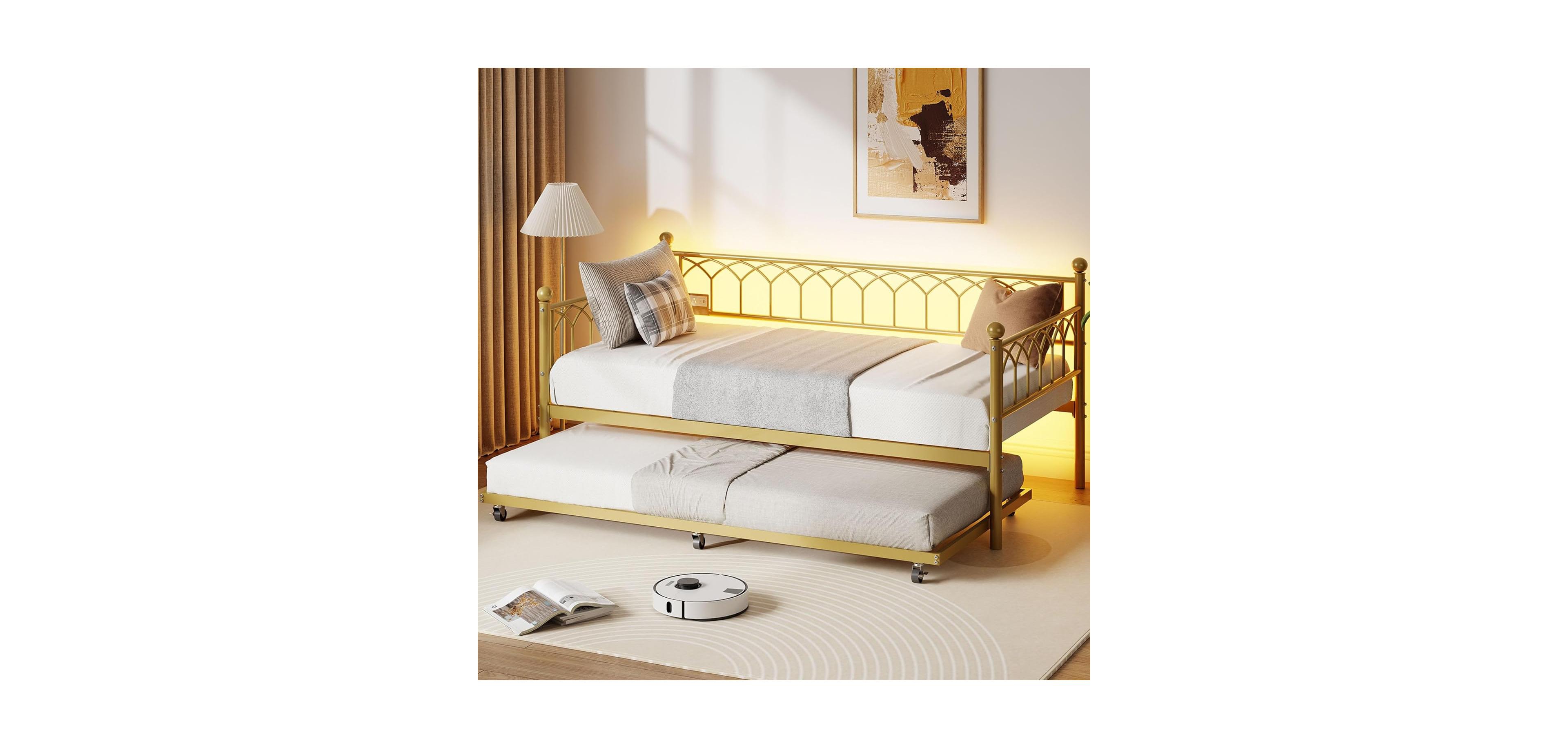 gaomon Twin Daybed with Pull-Out Trundle, Led Lights & Charging Station, Metal Sofa Bed for Living Rooms, Bedrooms & Apartments, Gold Finish