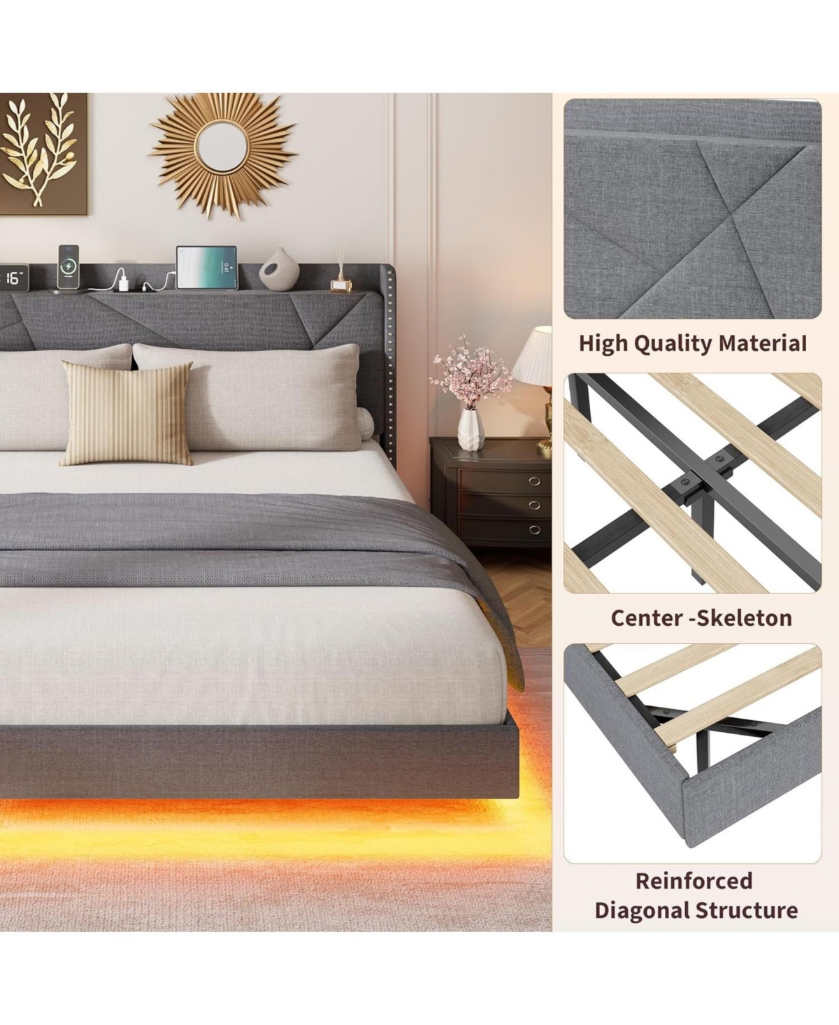 gaomon King Floating Bed Frame with Rgb Led Lights & Charging Station Upholstered Platform Storage Headboard Button Tufted Design No Box Spring