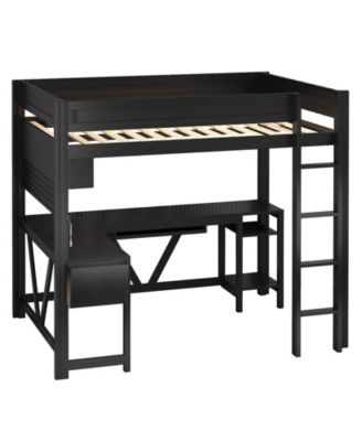 Wood Full Size Gaming Loft Bed w Built In Desk Charging Station LED Lighting Storage Shelves Multifunctional Modern Living Spaces Furniture