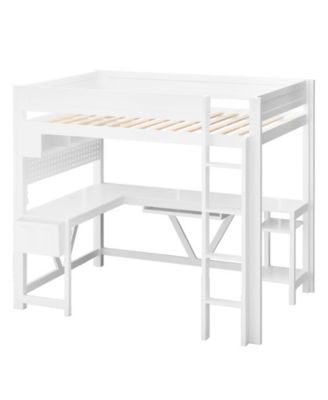 White Wood Full Size Gaming Loft Bed Built In Desk Charging Station LED Lighting Storage Shelves Multifunctional Modern Living Space Furniture