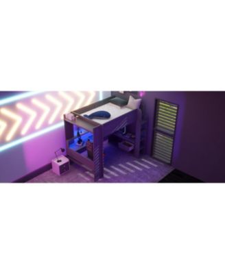 Dark Gray Wood Full Size Gaming Loft Bed Built In Desk Charging Station Storage Shelves LED Lighting Space Saving Teens Adults Furniture