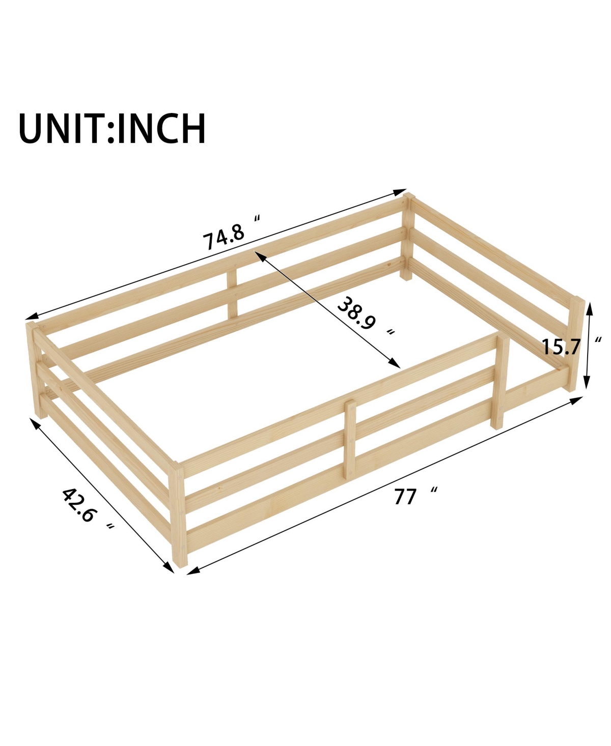 Cesicia Pine Wood Twin Kids Floor Bed, Long-Lasting Montessori Bed with Fence for Girls, Boys