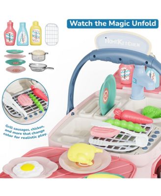 Kids Kitchen & Picnic Playset, Interactive Grill, Sink, Oven, Lights & Music, Color-Changing Foods, Toddler Toys Ages 3+