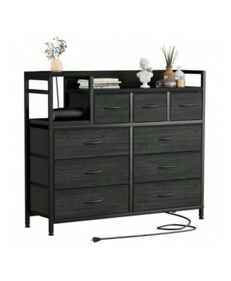9-Drawer Modern Dresser TV Stand with Charging Station, Open Shelf, Power Outlets, Storage Media Console, Black