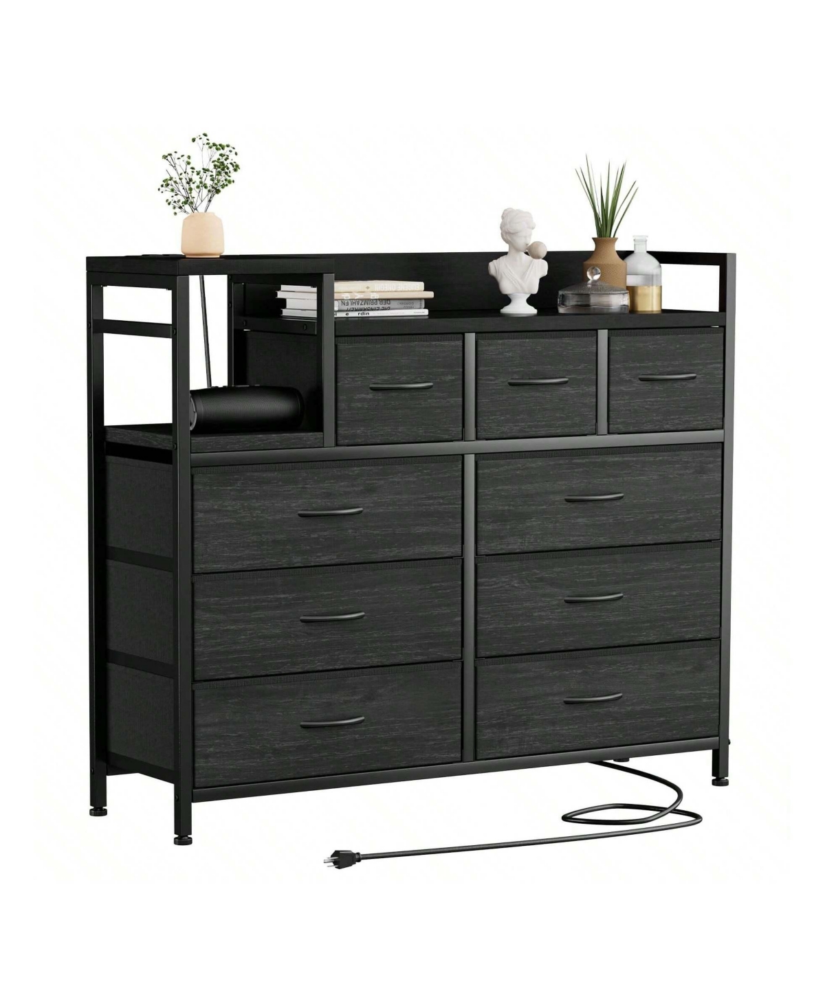 9-Drawer Modern Dresser Tv Stand with Charging Station, Open Shelf, Power Outlets, Storage Media Console, Black