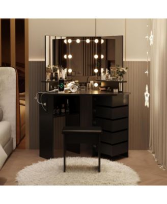 Corner Makeup Vanity Desk with Lights, Power Outlet, Rotating Drawers, Adjustable Brightness, Stool