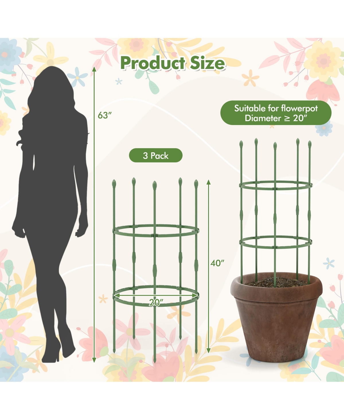 Gymax 3-Pack Garden Tomato Trellis 40'' Plant Support Cage w/ Adjustable Size for Plants