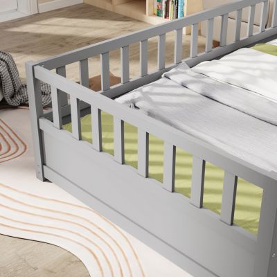 Twin Size Floor Bed with Safety Barrier & Door, Montessori-Inspired