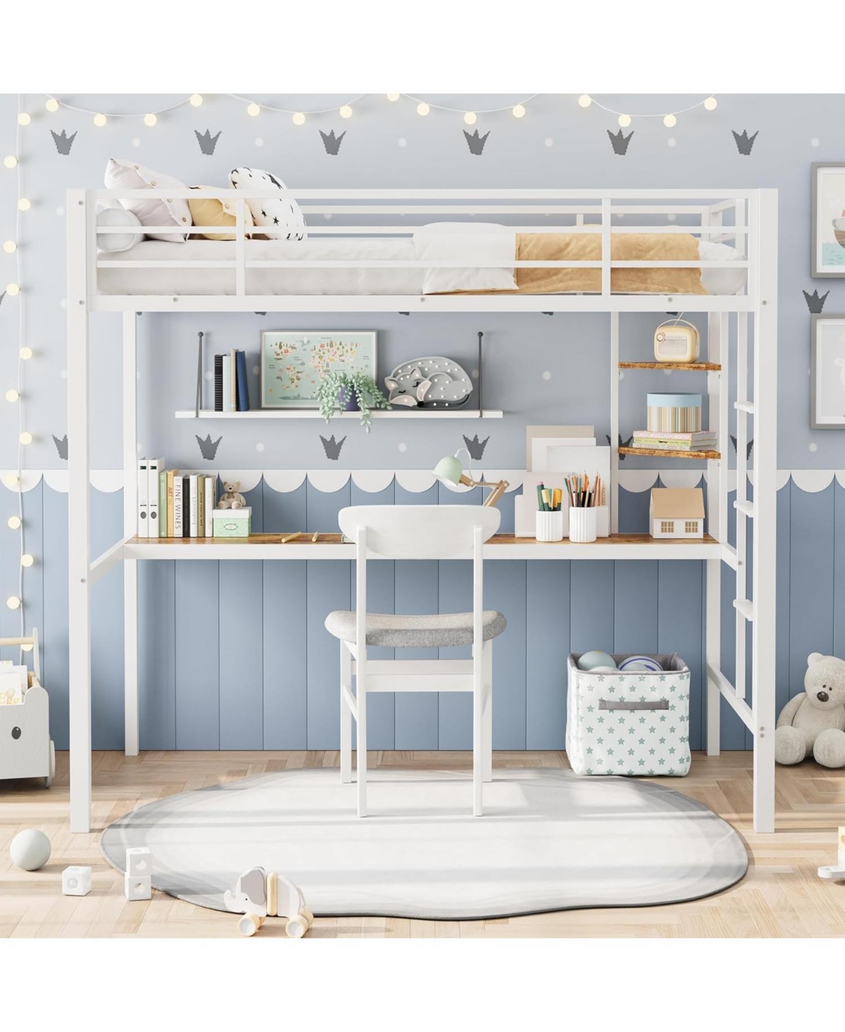 gaomon Twin Size Metal Loft Bed with Large Desk and Storage Shelves, Heavy Duty Platform Bed with Ladder and Safety Guardrail