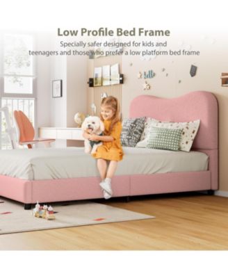 Upholstered Bed Frame with Headboard, Low Profile Platform, Rounded Corners, Wooden Slats - Full