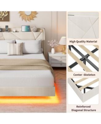 Queen Size Floating Bed Frame with RGB LED Lights & Charging Station - Upholstered Suspended Bed, Storage Headboard, No Box Spring Needed - Standard/Queen