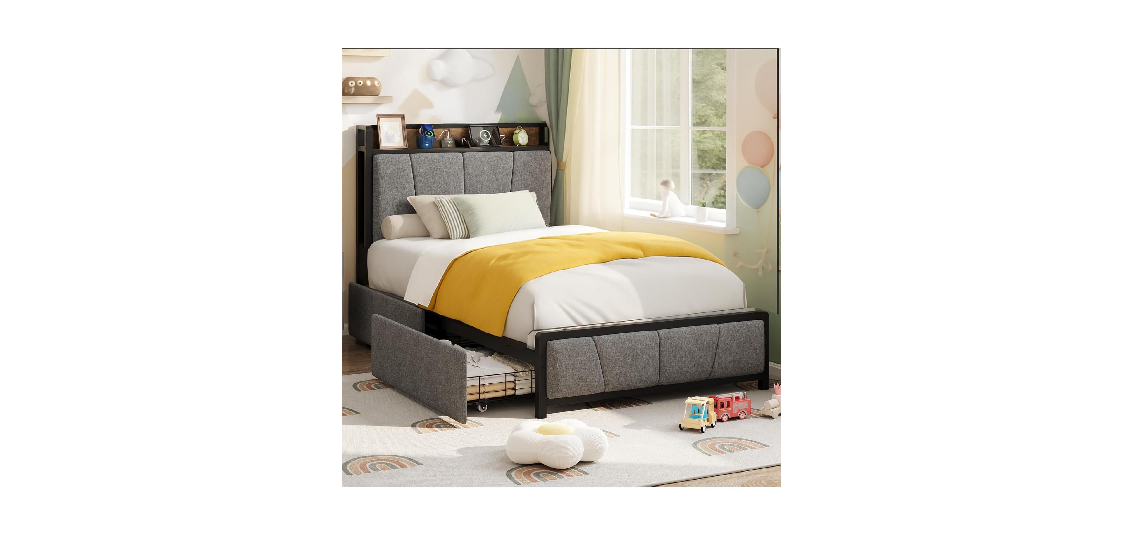 gaomon Size Upholstered Bed Frame with Storage Headboard, 2 Drawers, Usb Charging Station, No Box Spring Needed, Heavy Duty
