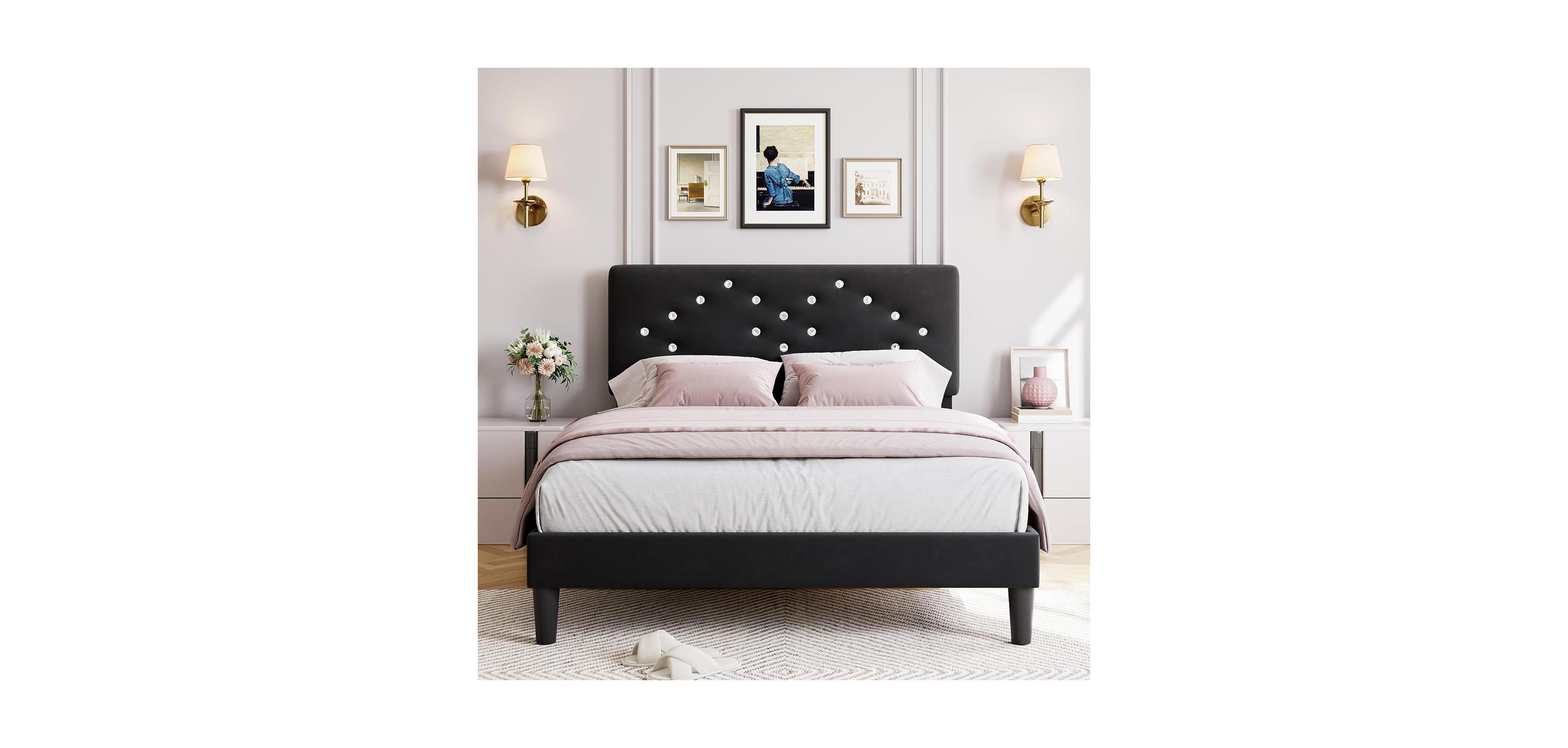 gaomon Velvet Upholstered Bed Frame with Tufted Headboard