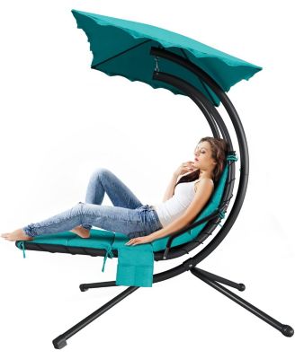Chaise Lounger Swing Chair with Umbrella Canopy, Patio Hanging Lounge Chair with Stand, Curved Steel Outdoor Chair for Pool, Garden, Backyard - Twin