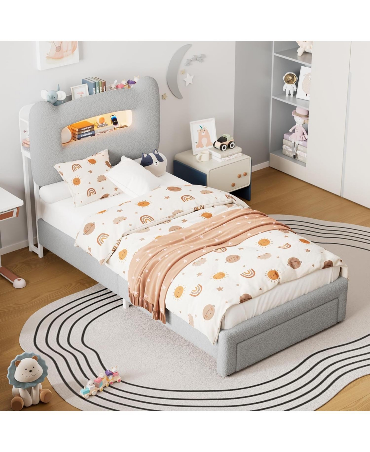 gaomon Upholstered Twin Bed Frame with Headboard, 2-Tier Storage, Charging Station & Drawer, Metal Platform, No Box Spring Needed