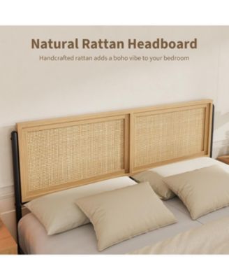 Full Size Bed Frame with Rattan Headboard and Footboard, Boho Wooden Platform, No Box Spring Needed, Easy Assembly