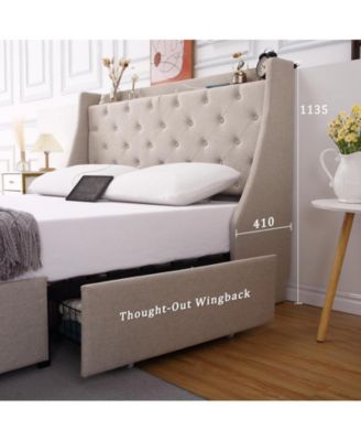 Full Bed Frame with Charging Station, Upholstered Platform Bed Frame with Wingback Headboard