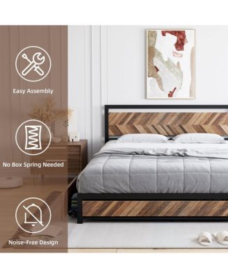 King Size Bed Frame with 4 Storage Drawers, Metal Platform Bed Frame with Rustic Vintage Wood Headboard