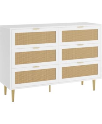 6-Drawer Rattan Dresser, Modern Chest with Gold Legs & Handles, Wide Double Storage, Bedroom, Living Room, White
