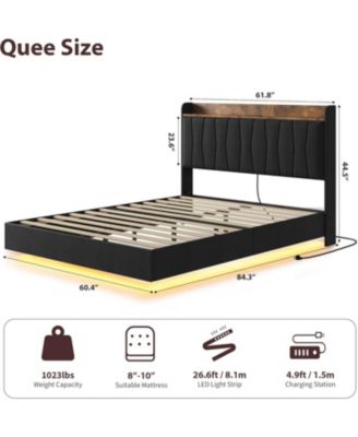 Queen Size Floating Bed Frame with LED Lights & Charging Station - Upholstered Platform Bed