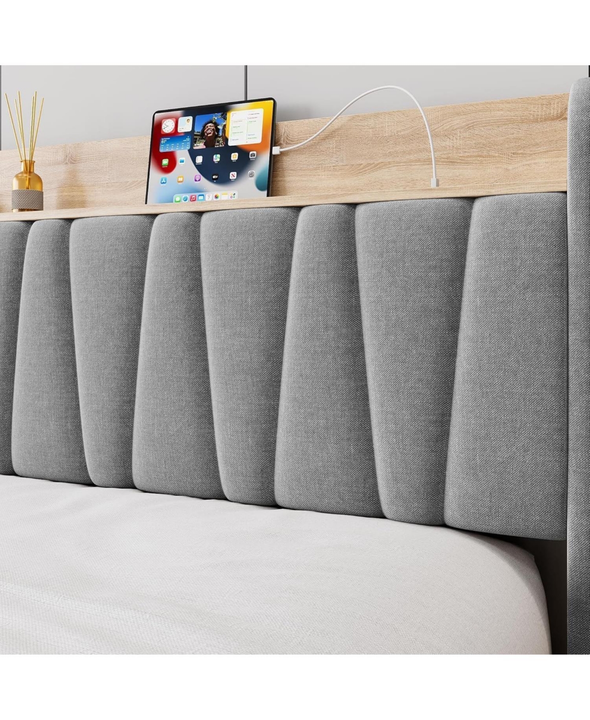 gaomon Upholstered Bed Frame with Storage Headboard, Drawer, Charging Station, Linen Platform