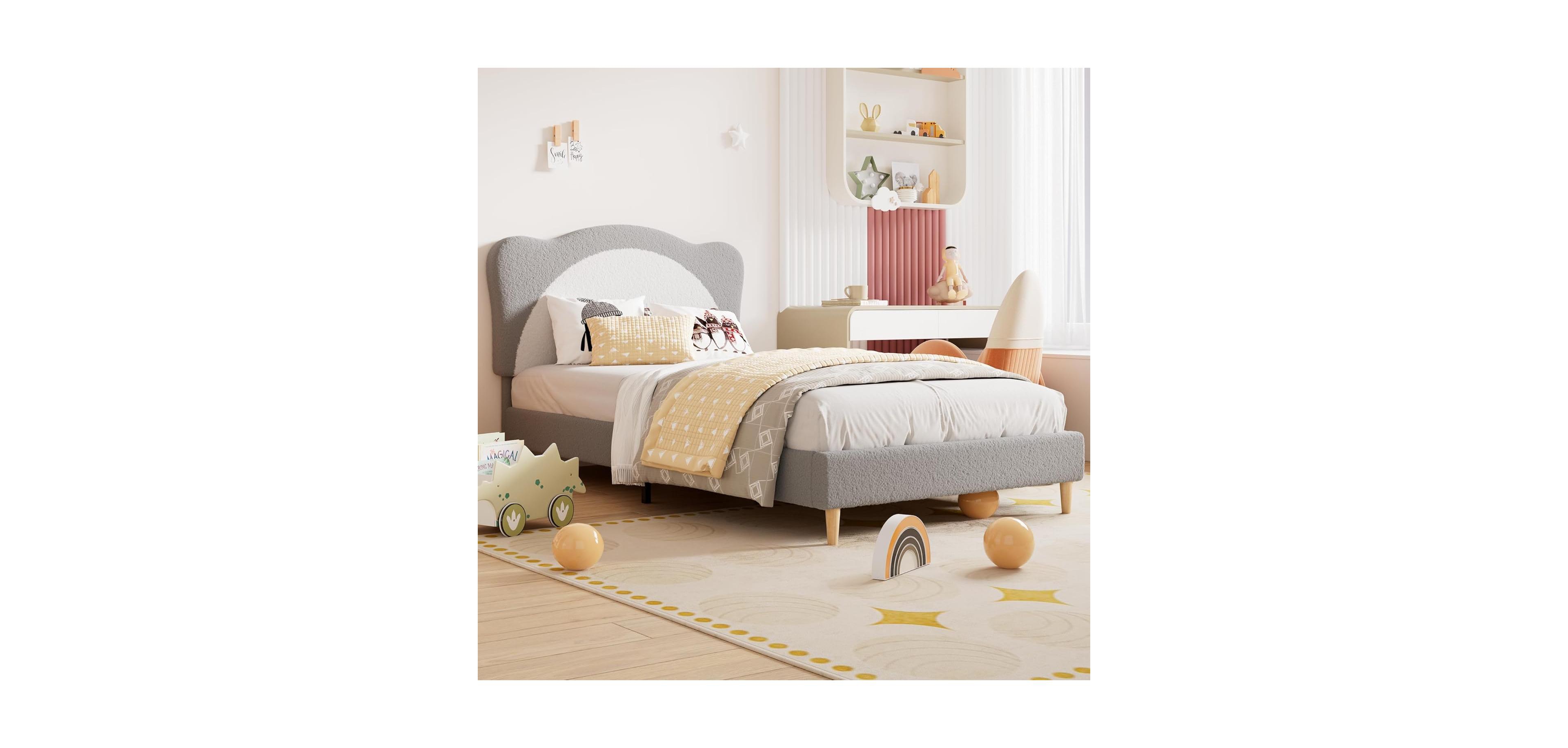 Gaomon Princess Bed Frame for Kids - Adjustable Scallop Headboard, Velvet Upholstered, No Box Spring Needed