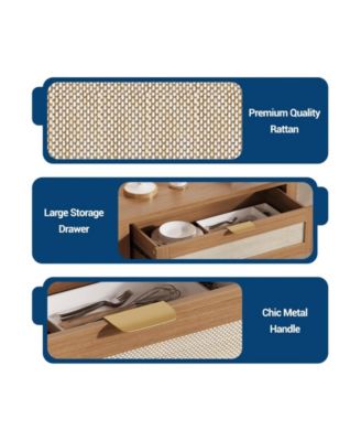 Rattan Buffet Cabinet with Storage, Narrow Sideboard with Doors & Drawer, Wood Console Table for Living Room