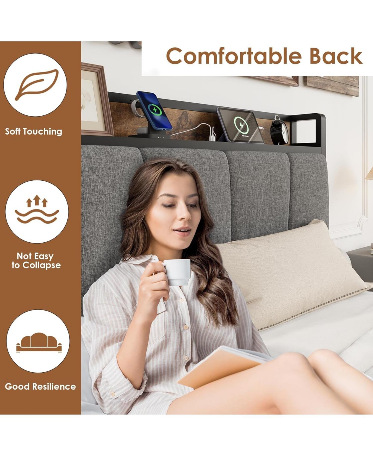 gaomon King Size Upholstered Bed Frame with Storage Headboard, 2 Drawers, Usb Charging Station, No Box Spring Needed, Heavy Duty