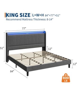 King Size Bed Frame with LED Lights & Charging Station, Upholstered Platform Bed with Headboard, No Box Spring Needed