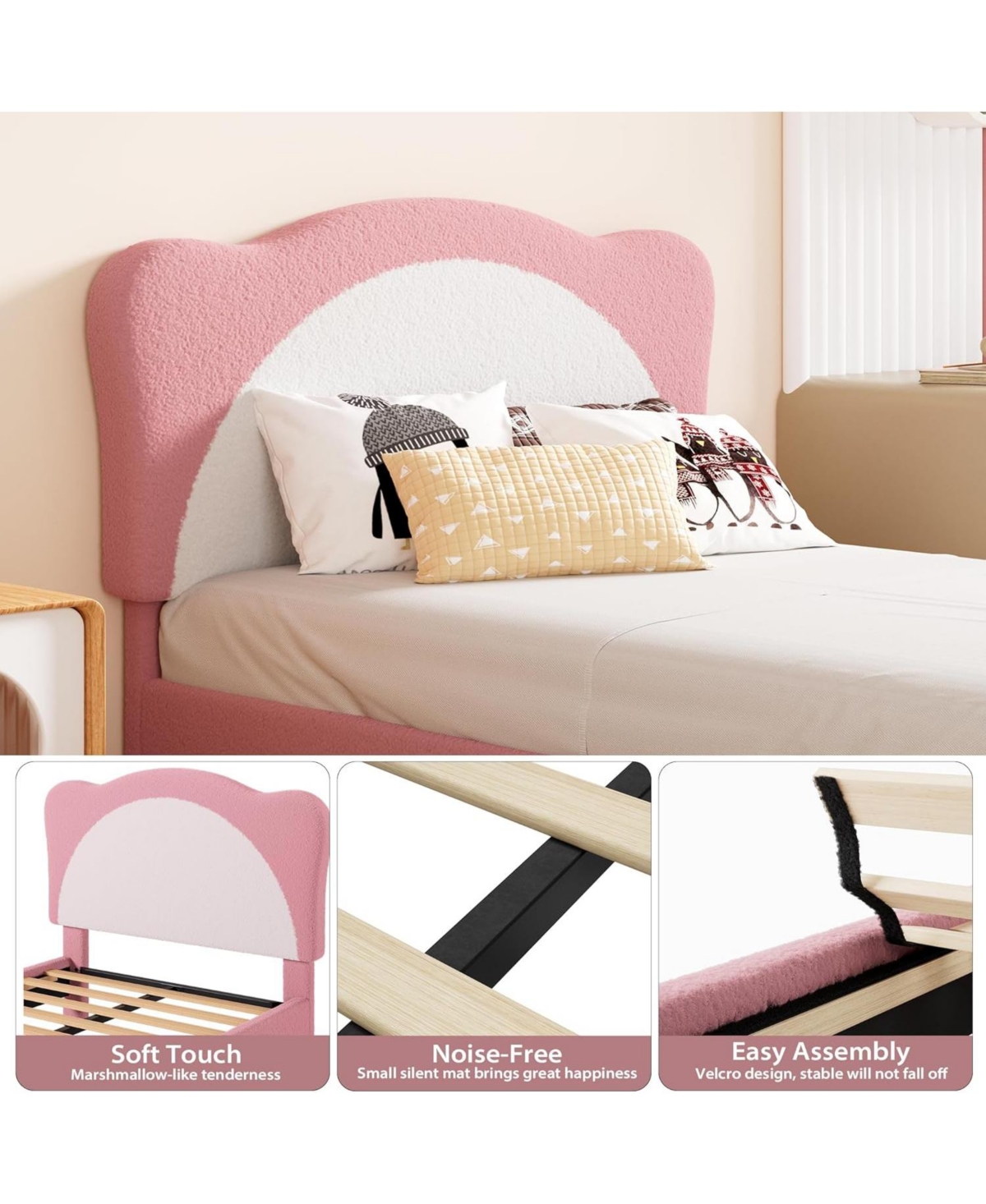 Gaomon Princess Bed Frame for Kids - Adjustable Scallop Headboard, Velvet Upholstered, No Box Spring Needed