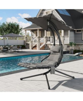 Chaise Lounger Swing Chair with Umbrella Canopy, Patio Hanging Lounge Chair with Stand, Curved Steel Outdoor Chair for Pool, Garden, Backyard - Twin