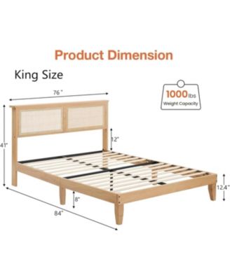 Bohemian Platform Bed Frame with Rattan Storage Headboard, Adjustable LED Lights, Solid Wood Support, No Box Spring Needed