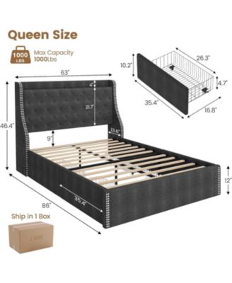 Queen Bed Frame with 4 Storage Drawers, Wingback Headboard - Standard/Queen