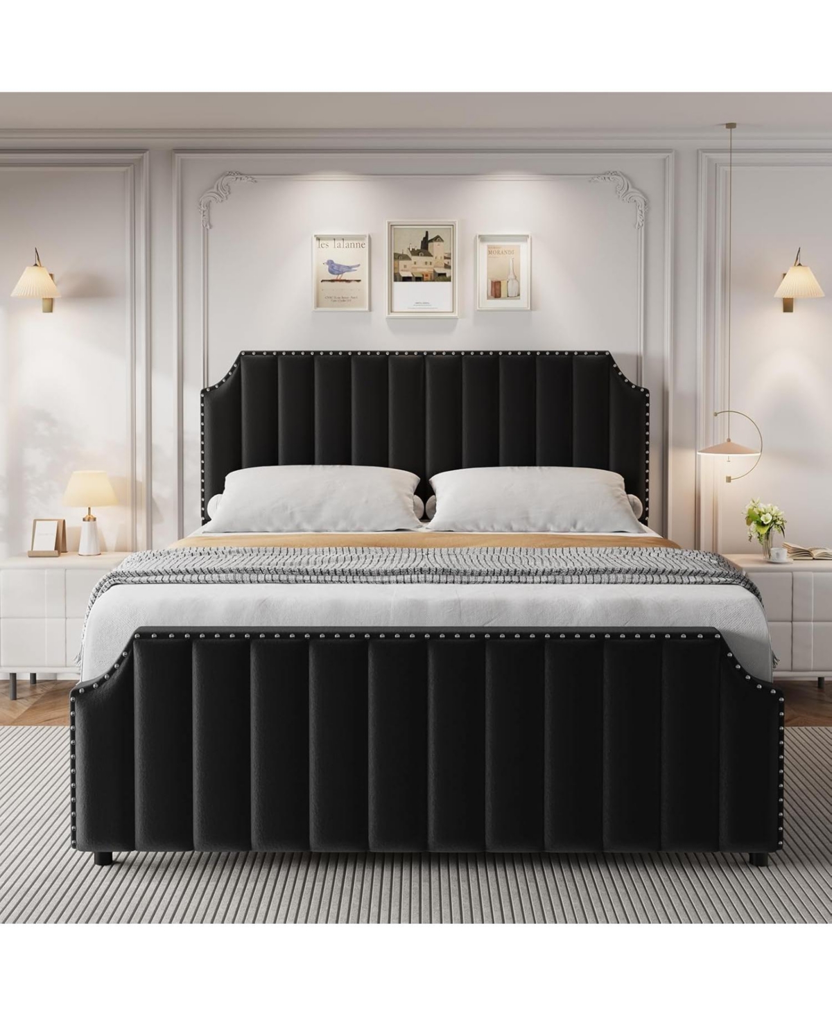 Gaomon Queen Velvet Bed Frame with 50.2" Tufted Headboard & Footboard, Nailhead Trim, No Box Spring Needed, Noise-Free