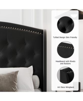 King Velvet Platform Bed with Wingback Tufted Headboard & Wood Slats, No Box Spring Required