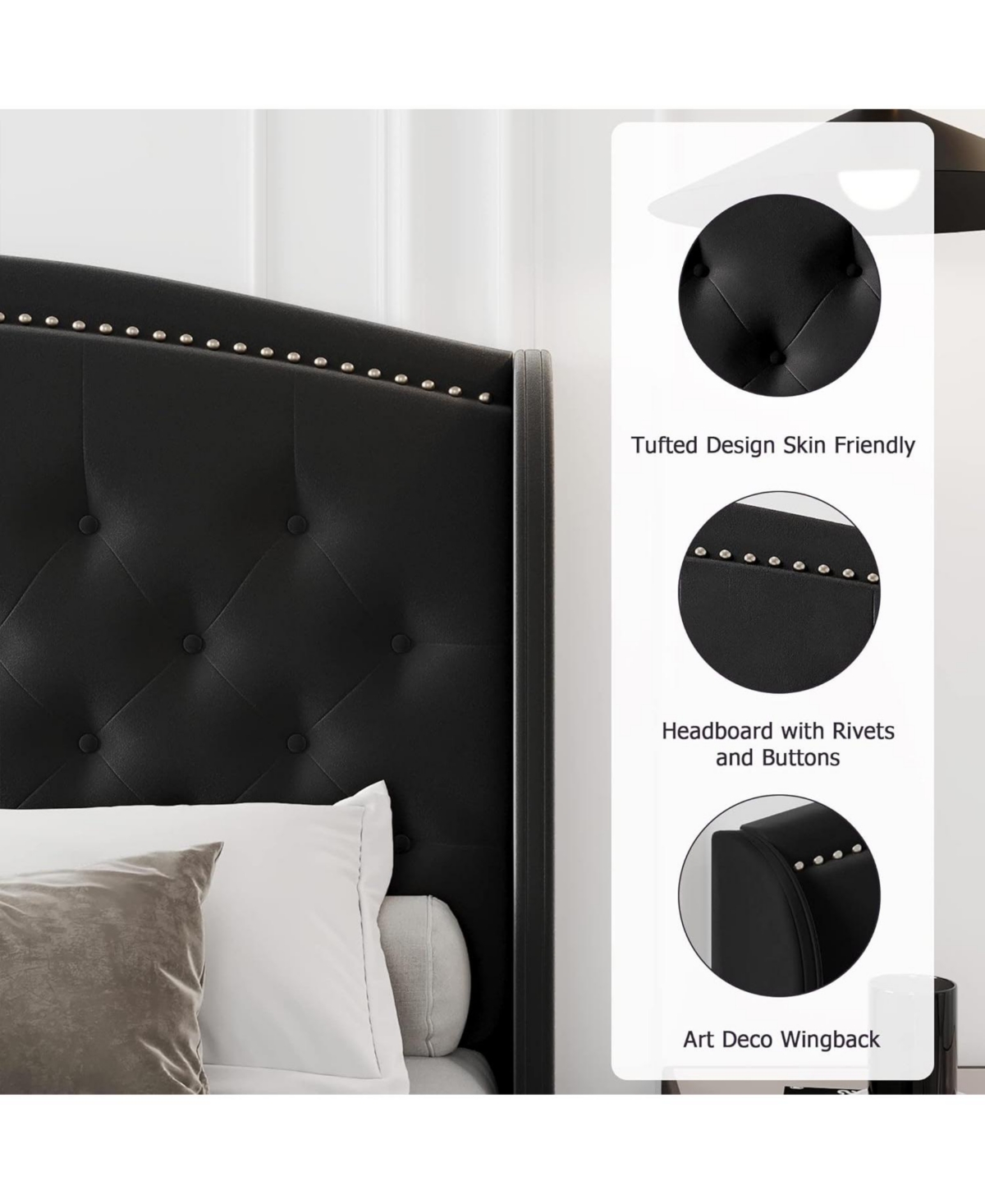 Gaomon King Velvet Platform Bed with Wingback Tufted Headboard & Wood Slats, No Box Spring Required